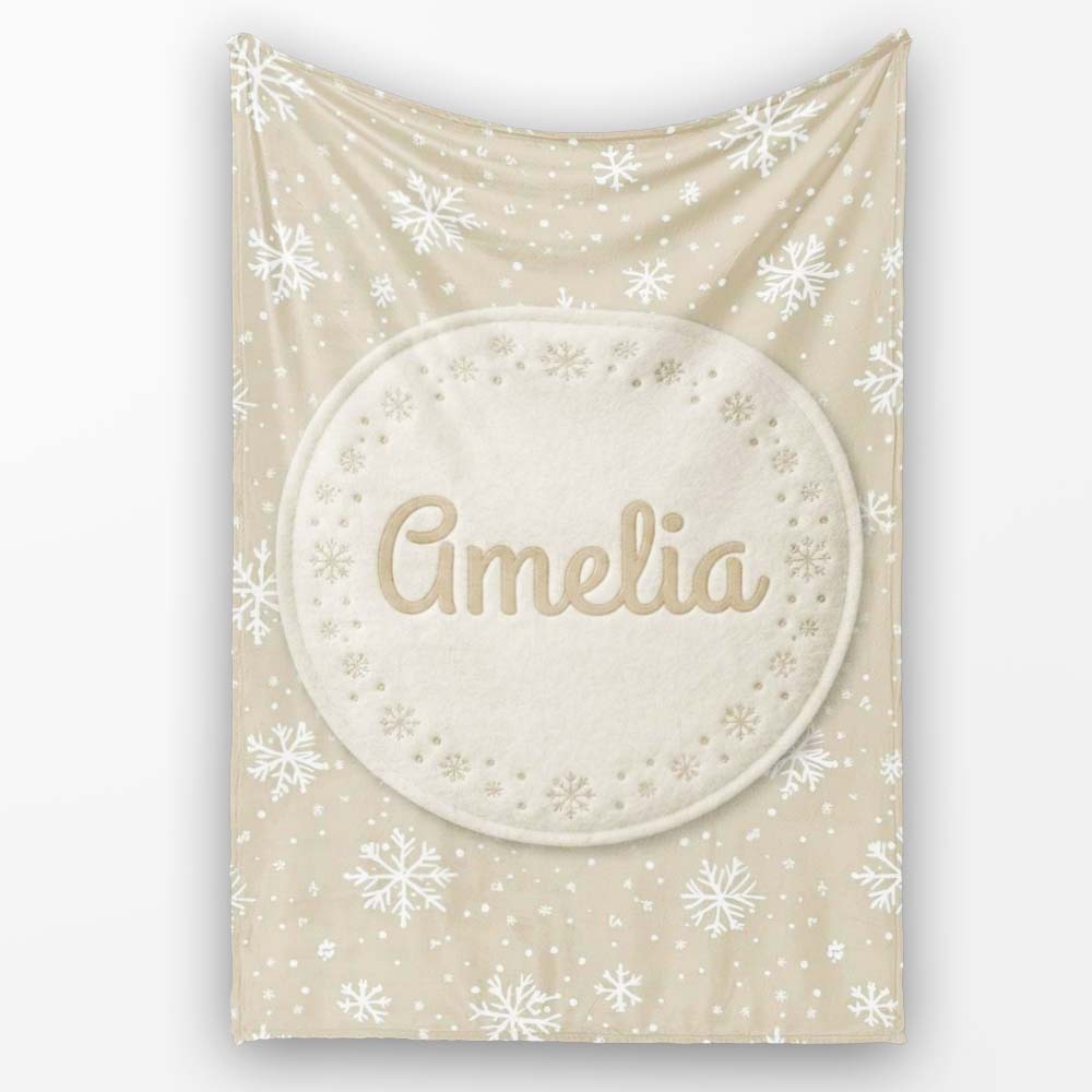 Classic Beige Background Large Snowflake Winter Seamless Pattern Personalised Custom Name Super Soft Fleece Blanket Bed Sofa Throw