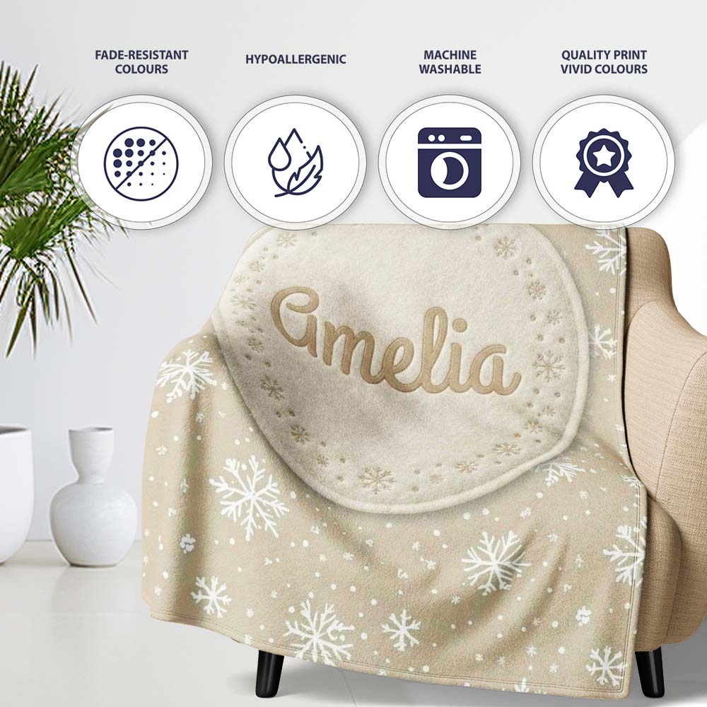 Classic Beige Background Large Snowflake Winter Seamless Pattern Personalised Custom Name Super Soft Fleece Blanket Bed Sofa Throw
