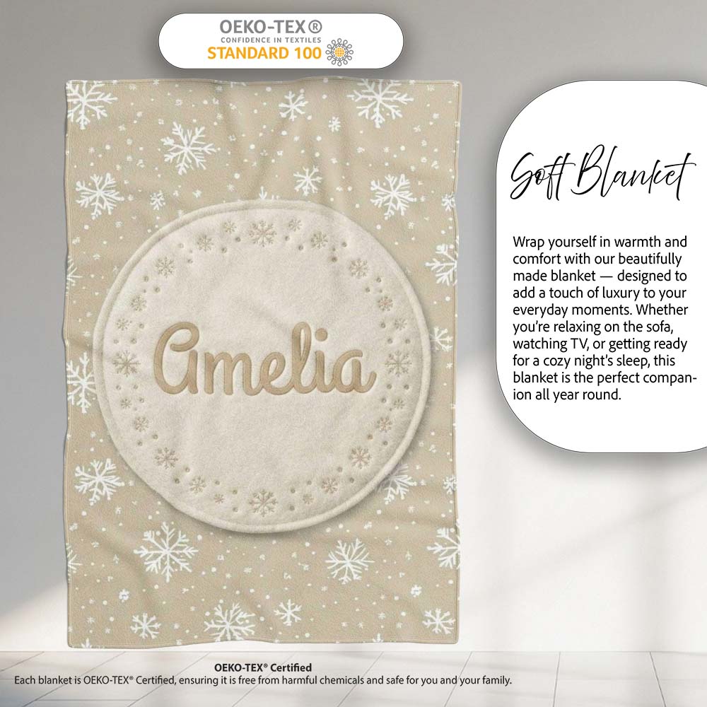Classic Beige Background Large Snowflake Winter Seamless Pattern Personalised Custom Name Super Soft Fleece Blanket Bed Sofa Throw