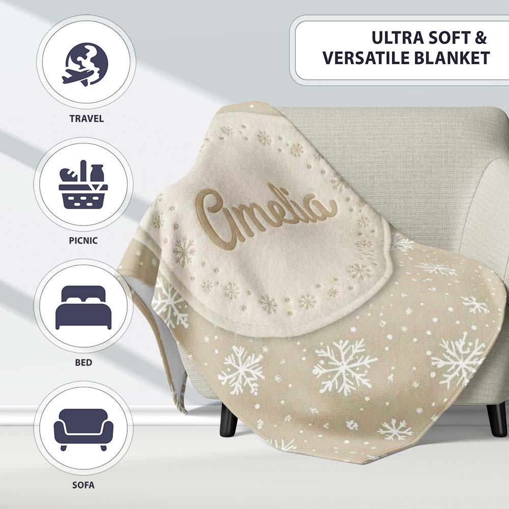 Classic Beige Background Large Snowflake Winter Seamless Pattern Personalised Custom Name Super Soft Fleece Blanket Bed Sofa Throw
