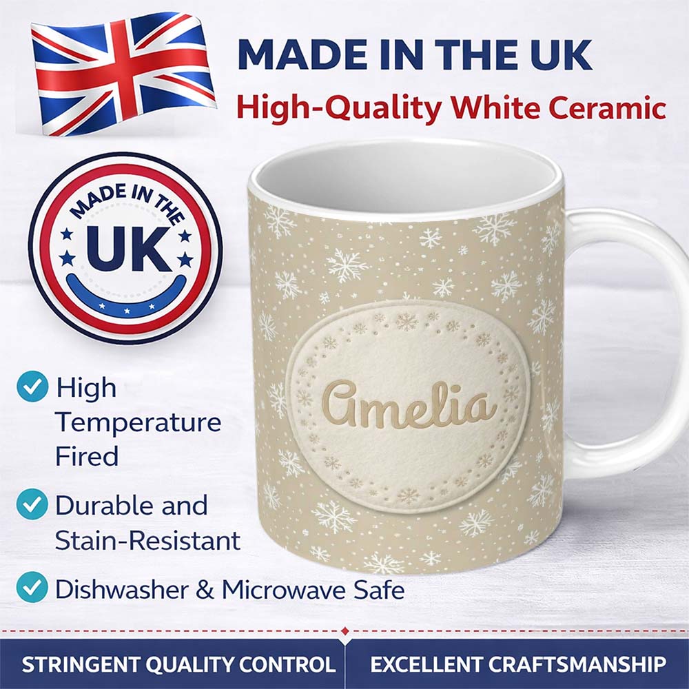 Personalized Custom Name Classic Beige Background Large Snowflake Winter Seamless Pattern 11oz Ceramic Coffee Tea Mug White Large Handle