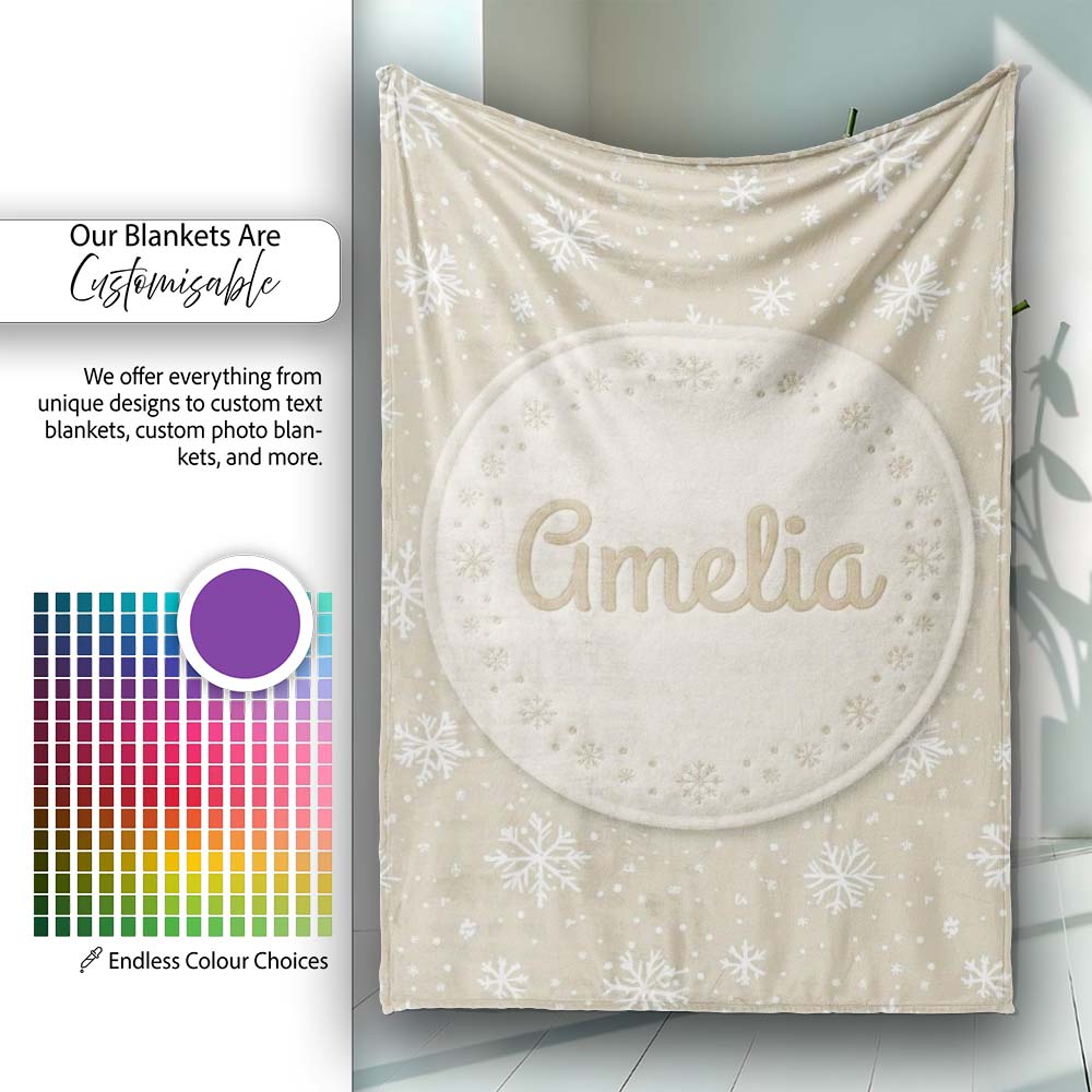 Classic Beige Background Large Snowflake Winter Seamless Pattern Personalised Custom Name Super Soft Fleece Blanket Bed Sofa Throw