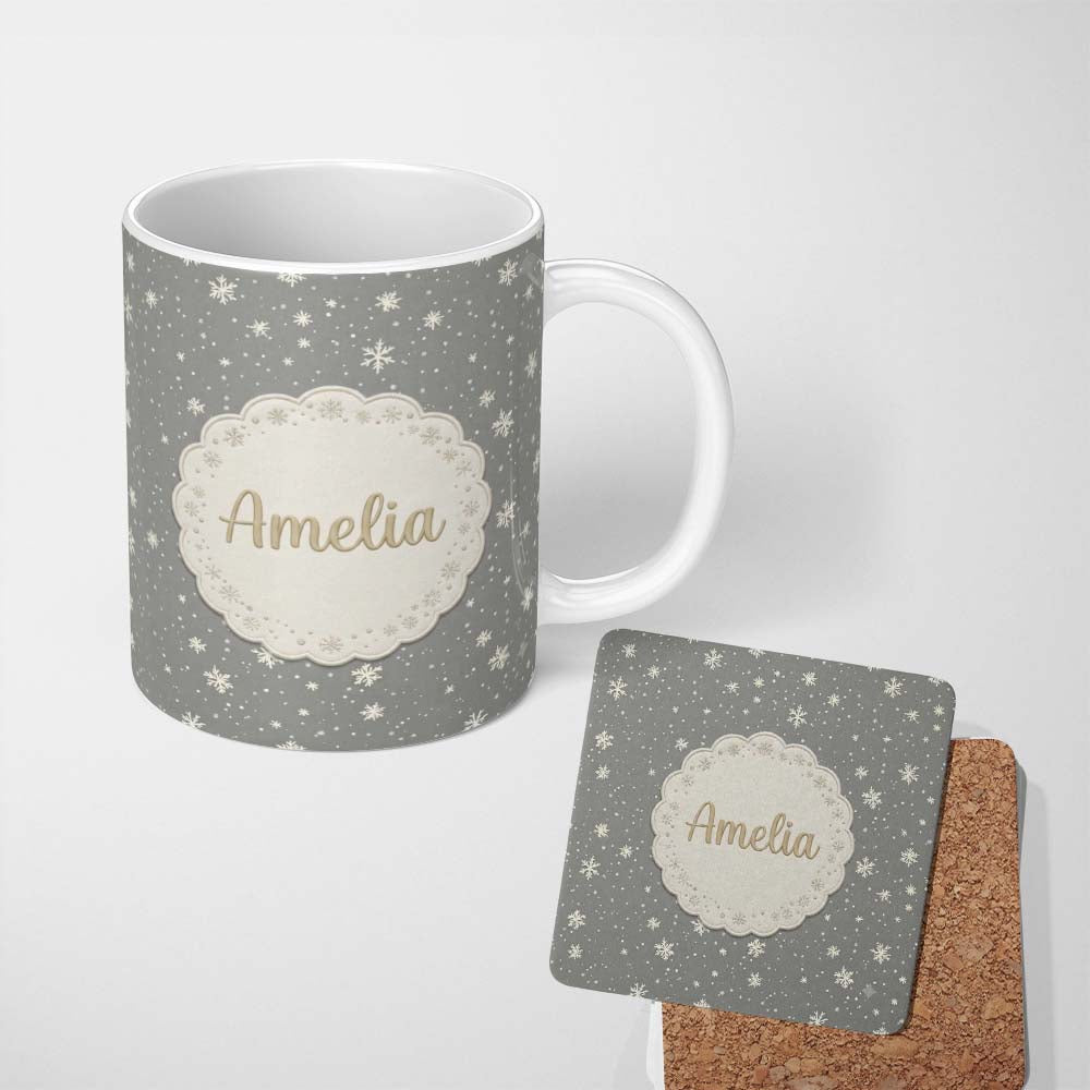 Personalized Custom Name Dark Grey Background Snowflake Scatter Winter Seamless Pattern Name 11oz Ceramic Coffee Tea Mug White Large Handle