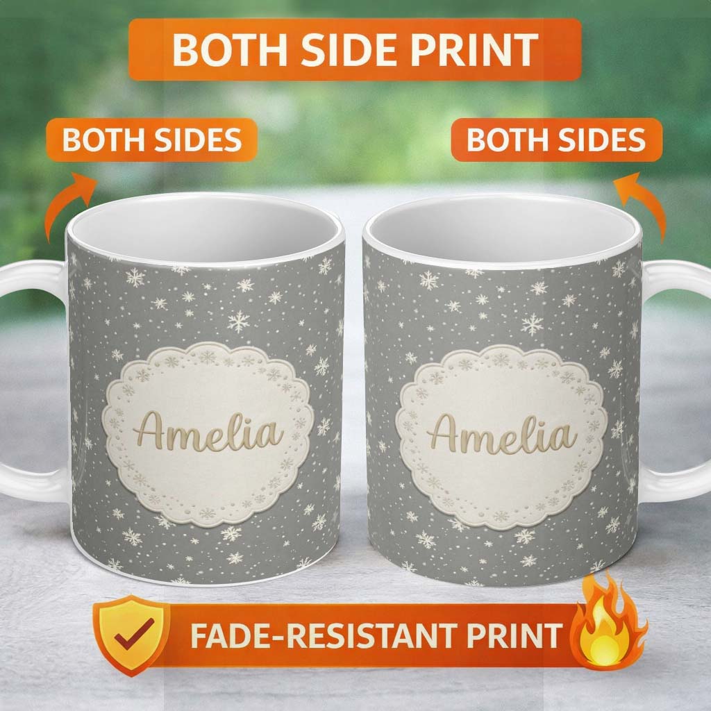 Personalized Custom Name Dark Grey Background Snowflake Scatter Winter Seamless Pattern Name 11oz Ceramic Coffee Tea Mug White Large Handle