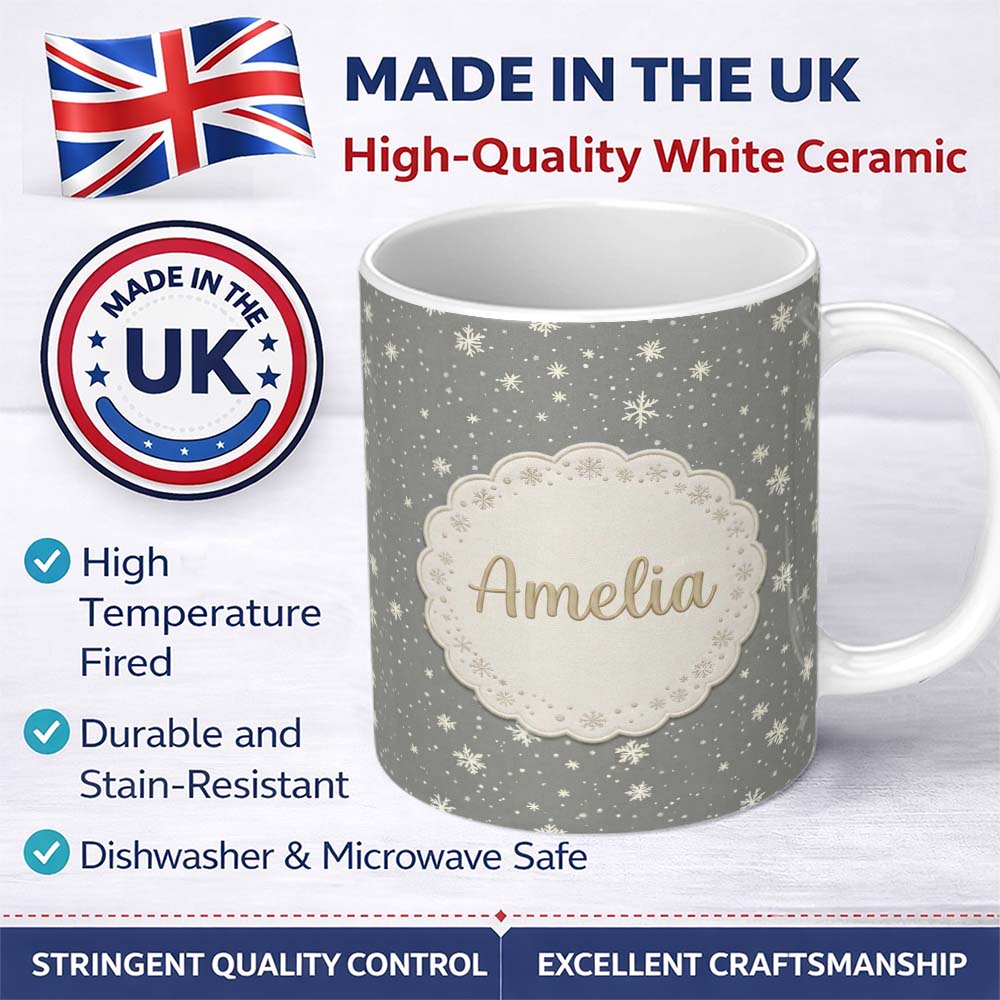 Personalized Custom Name Dark Grey Background Snowflake Scatter Winter Seamless Pattern Name 11oz Ceramic Coffee Tea Mug White Large Handle