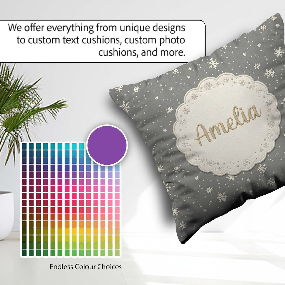 Custom Name Dark Grey Background Scatter Winter Seamless Pattern Square Filled Cushion Throw Pillow Sofa Bed Home Decor Zip Washable UK Made