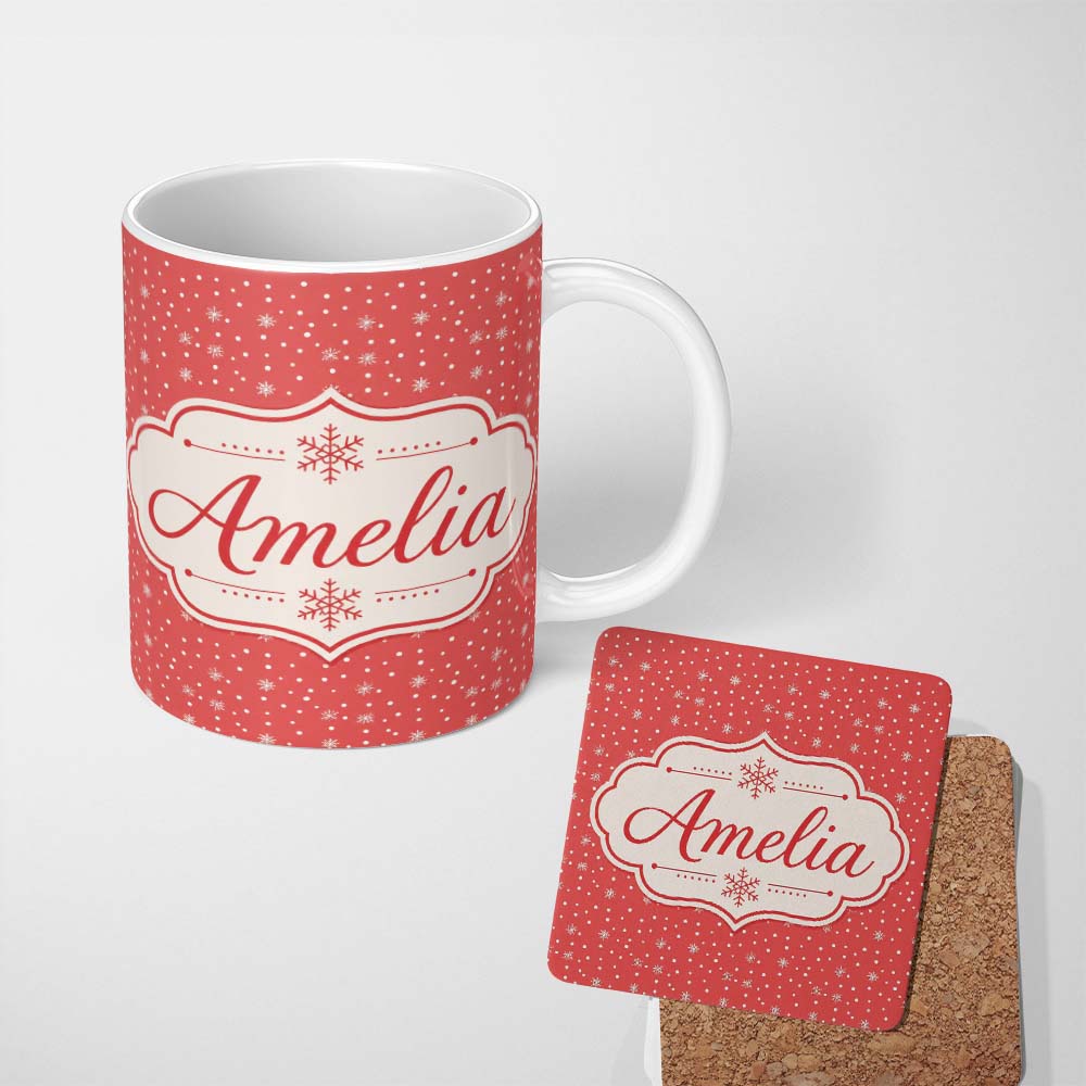 Personalized Custom Name Red Background White Snowflakes Falling Winter Seamless Pattern 11oz Ceramic Coffee Tea Mug White Large Handle