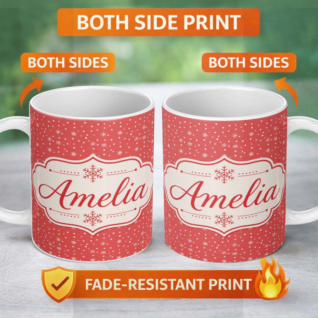 Personalized Custom Name Red Background White Snowflakes Falling Winter Seamless Pattern 11oz Ceramic Coffee Tea Mug White Large Handle