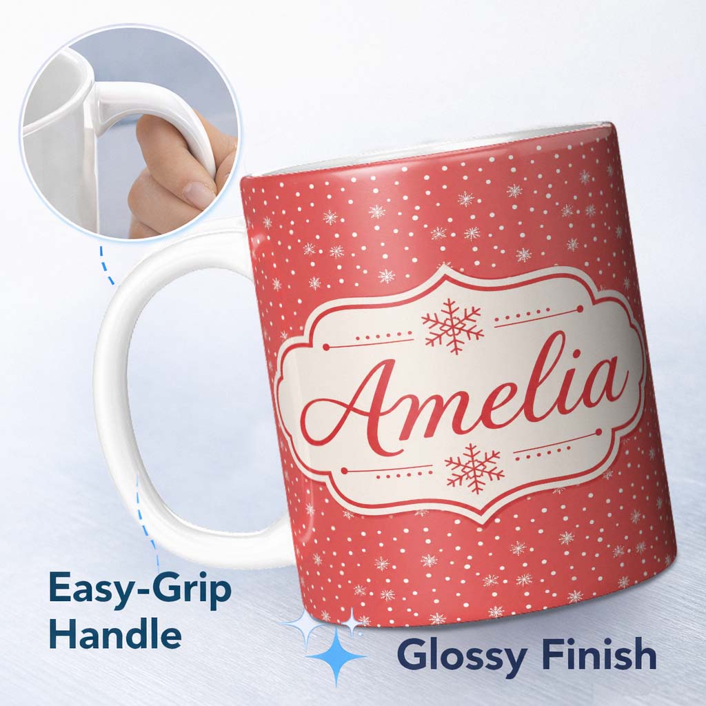 Personalized Custom Name Red Background White Snowflakes Falling Winter Seamless Pattern 11oz Ceramic Coffee Tea Mug White Large Handle