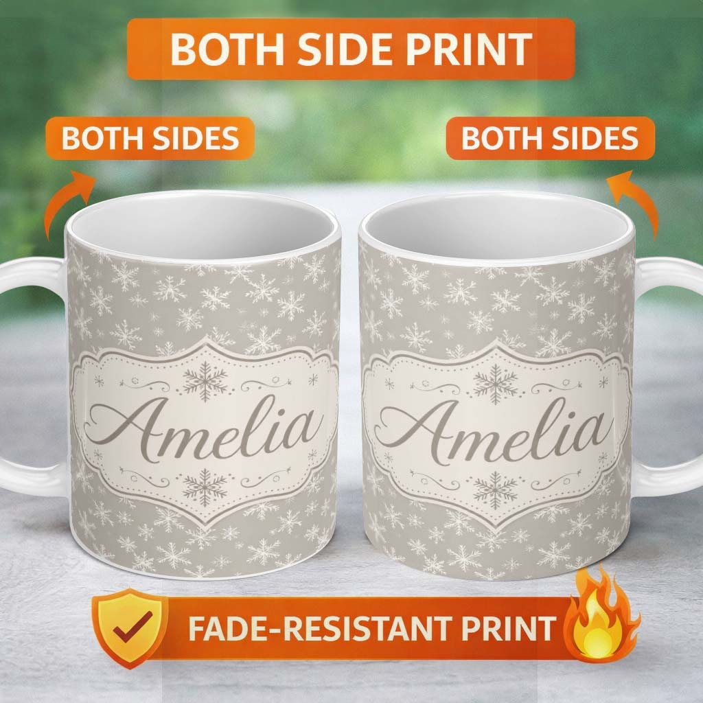 Personalized Custom Name Grey Background Large White Snowflakes Winter Seamless Pattern Name 11oz Ceramic Coffee Tea Mug White Large Handle