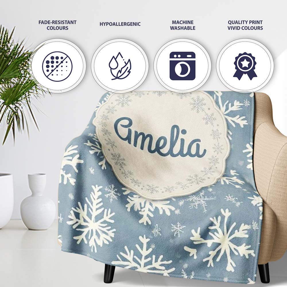 Blue Background Large Snowflake Winter Seamless Pattern Name Cute Personalised Custom Name Super Soft Fleece Blanket Bed Sofa Throw