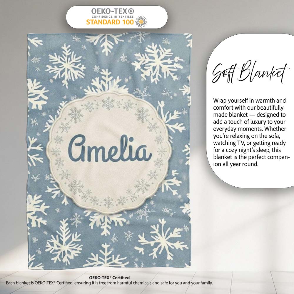 Blue Background Large Snowflake Winter Seamless Pattern Name Cute Personalised Custom Name Super Soft Fleece Blanket Bed Sofa Throw