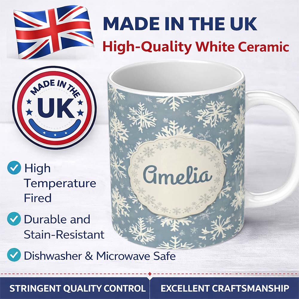 Personalized Custom Name Blue Background Large Snowflake Winter Seamless Pattern Name Cute 11oz Ceramic Coffee Tea Mug White Large Handle
