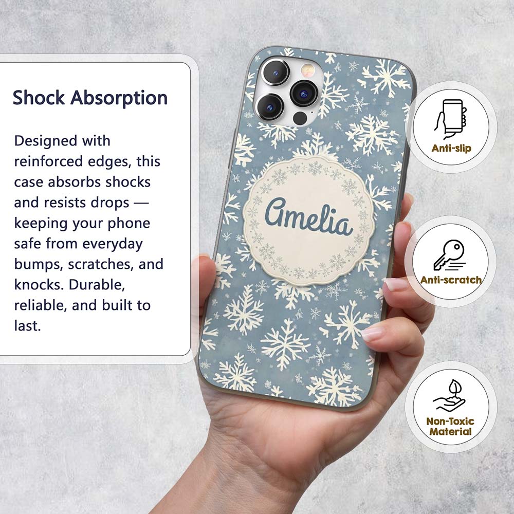 Blue Background Large Snowflake Winter Seamless Custom Name Protective Phone Case Mobile Cover Durable Everyday Smartphone Shock Resistant