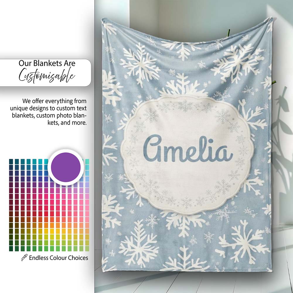 Blue Background Large Snowflake Winter Seamless Pattern Name Cute Personalised Custom Name Super Soft Fleece Blanket Bed Sofa Throw