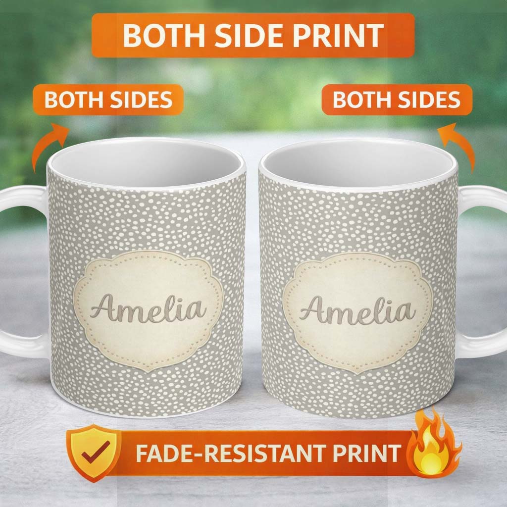 Personalized Custom Name Grey Background Dense White Dots Abstract Seamless Pattern Name Cute 11oz Ceramic Coffee Tea Mug White Large Handle