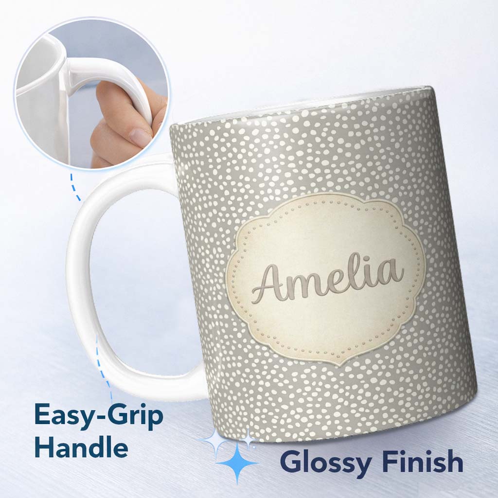 Personalized Custom Name Grey Background Dense White Dots Abstract Seamless Pattern Name Cute 11oz Ceramic Coffee Tea Mug White Large Handle