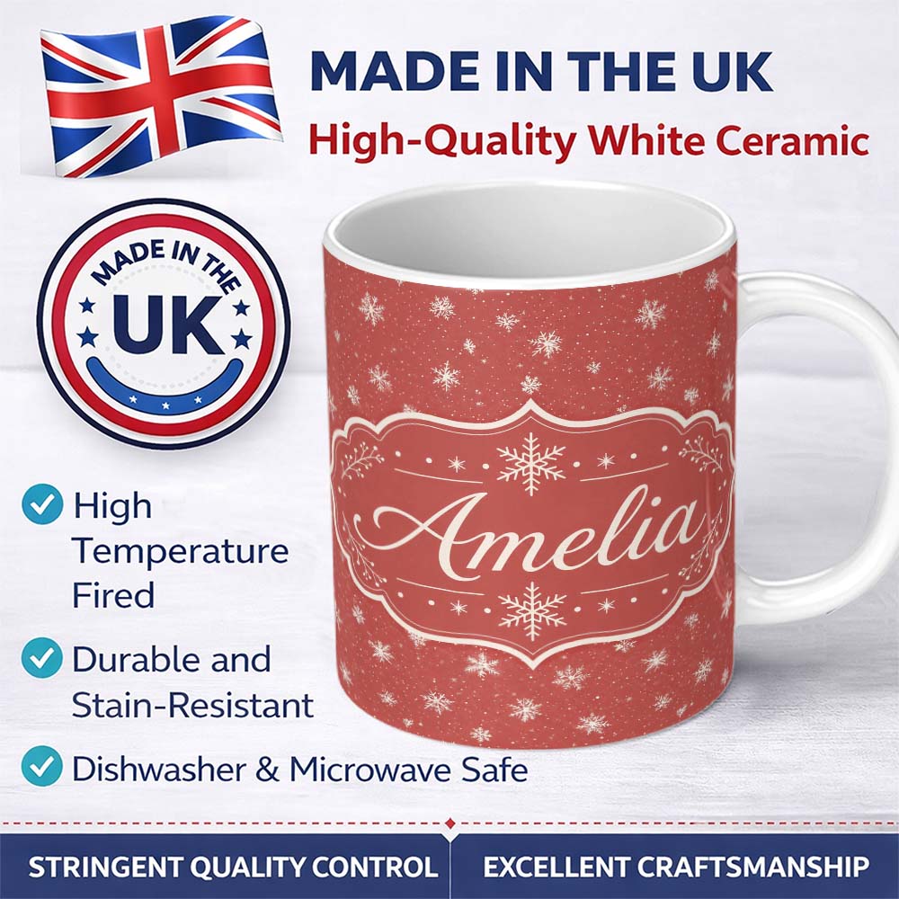 Personalized Custom Name Red Background Snowflake Scatter Winter Seamless Pattern Name Cute 11oz Ceramic Coffee Tea Mug White Large Handle