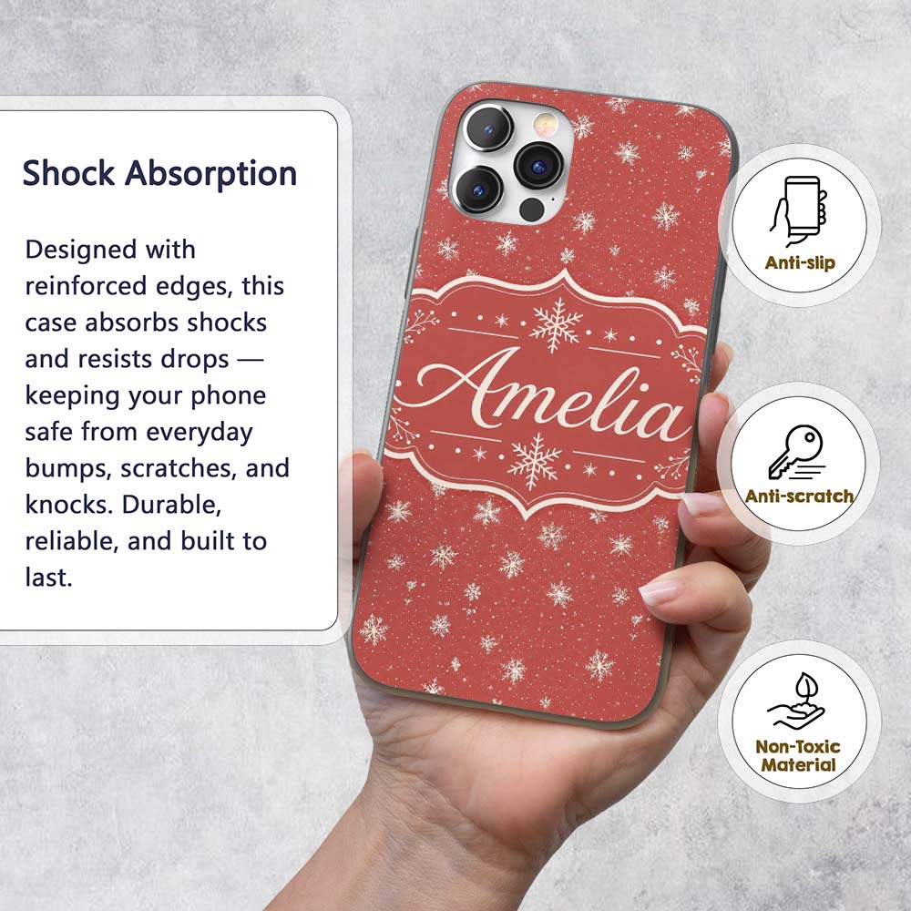 Red Background Snowflake Scatter Winter Seamless Custom Name Protective Phone Case Mobile Cover Durable Everyday Smartphone Shock Resistant