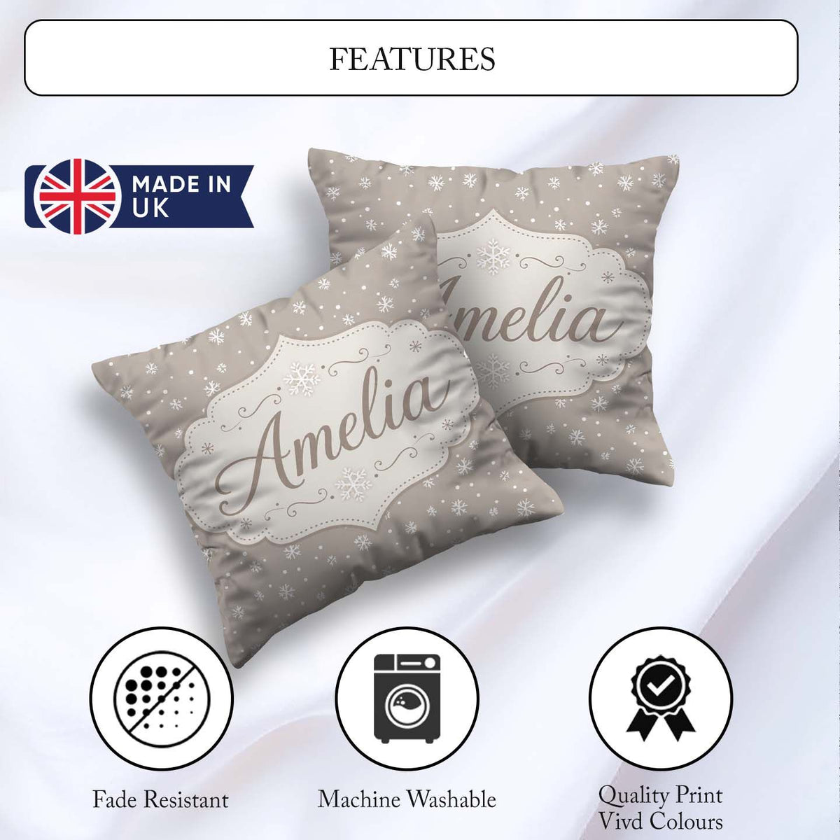 Custom Name Neutral Background Small Snowflakes Seamless Pattern Square Filled Cushion Throw Pillow Sofa Bed Home Decor Zip Washable UK Made