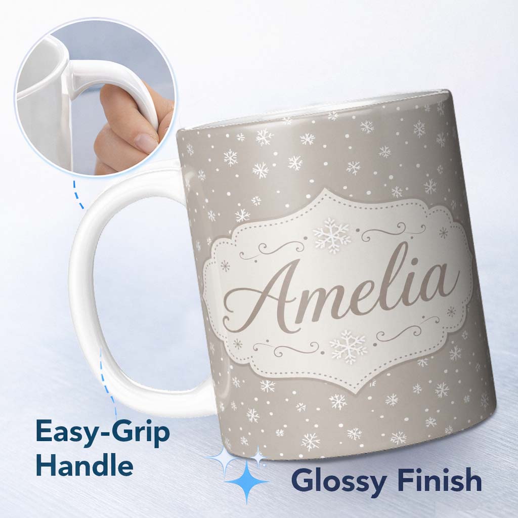 Personalized Custom Name Neutral Grey Background Small Snowflakes Winter Seamless Pattern 11oz Ceramic Coffee Tea Mug White Large Handle