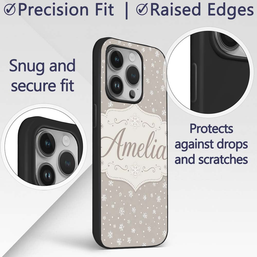 Neutral Grey Background Small Snowflakes Winter Custom Name Protective Phone Case Mobile Cover Durable Everyday Smartphone Shock Resistant