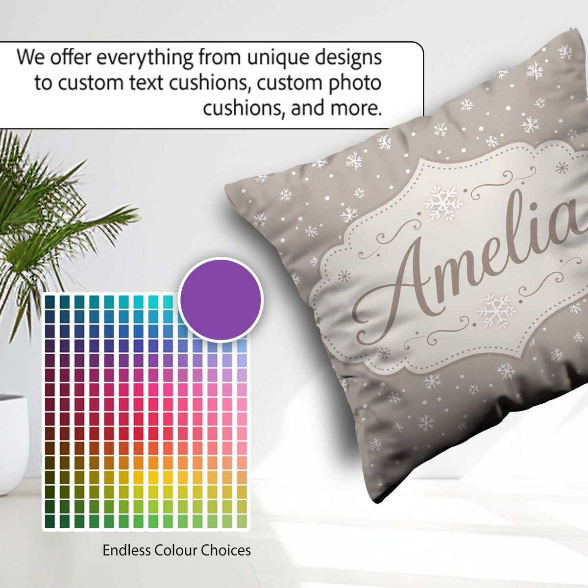 Custom Name Neutral Background Small Snowflakes Seamless Pattern Square Filled Cushion Throw Pillow Sofa Bed Home Decor Zip Washable UK Made