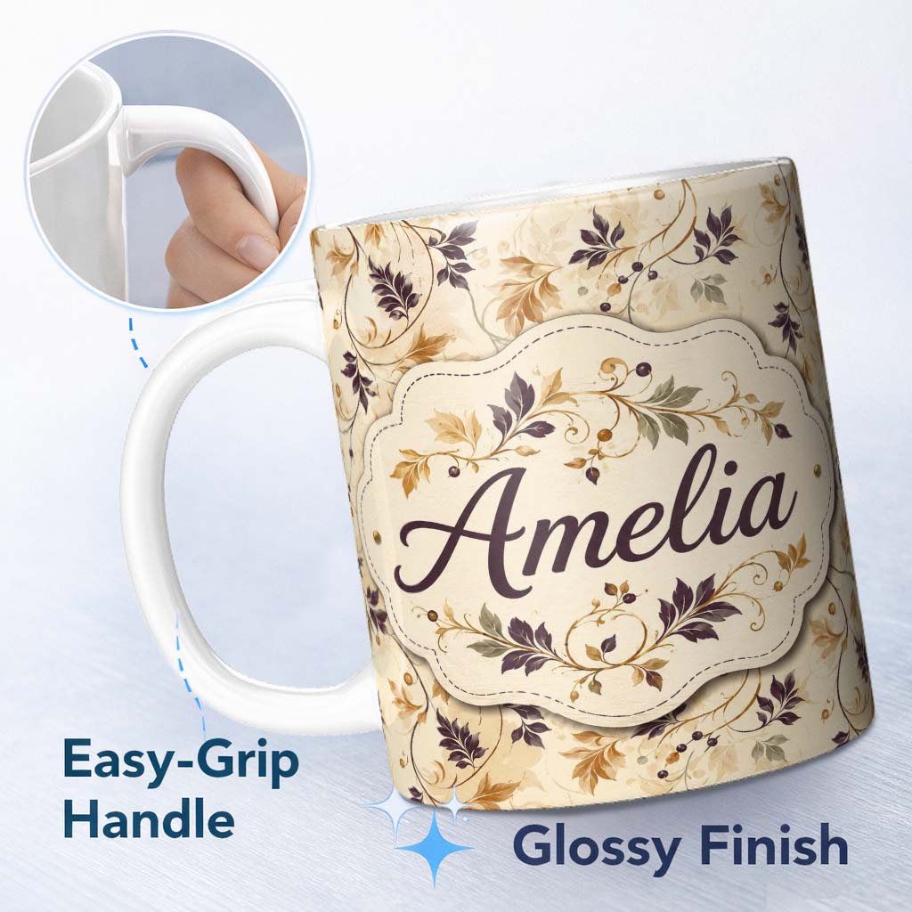 Personalized Custom Name Elegant Autumn Leaves and Swirling Vines Seamless Pattern Lovely 11oz Ceramic Coffee Tea Mug White Large Handle