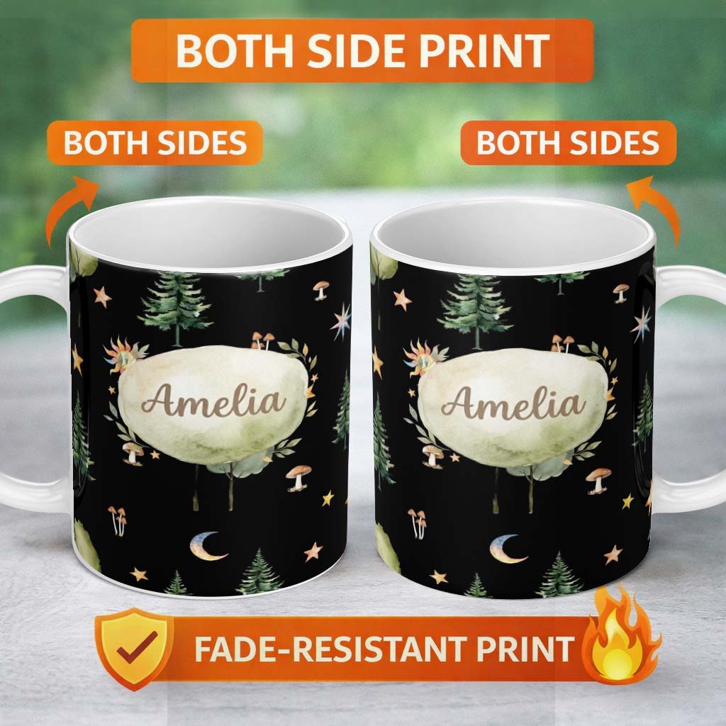 Personalized Custom Name Watercolour Forest Trees Mushrooms Sun Moon and Stars Woodland 11oz Ceramic Coffee Tea Mug White Large Handle