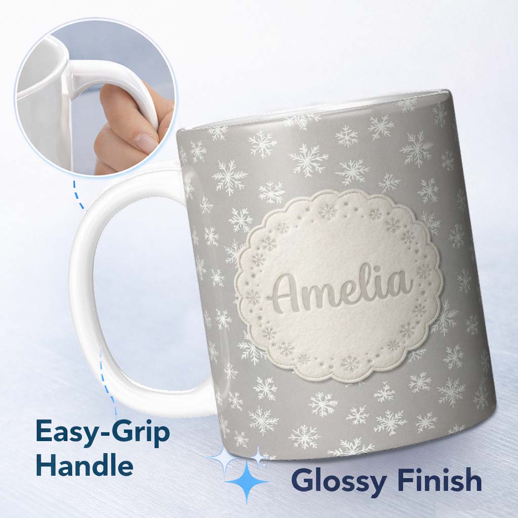 Personalized Custom Name Grey Background White Snowflakes Winter Seamless Pattern Name Cute 11oz Ceramic Coffee Tea Mug White Large Handle