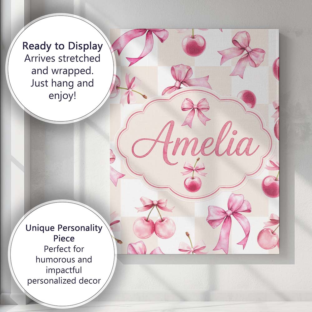 Personalised Name Watercolor Cherry Bow Ribbon Neutral Beige Gingham Custom Home Canvas Wall Art Print Decor Picture Ready to Hang
