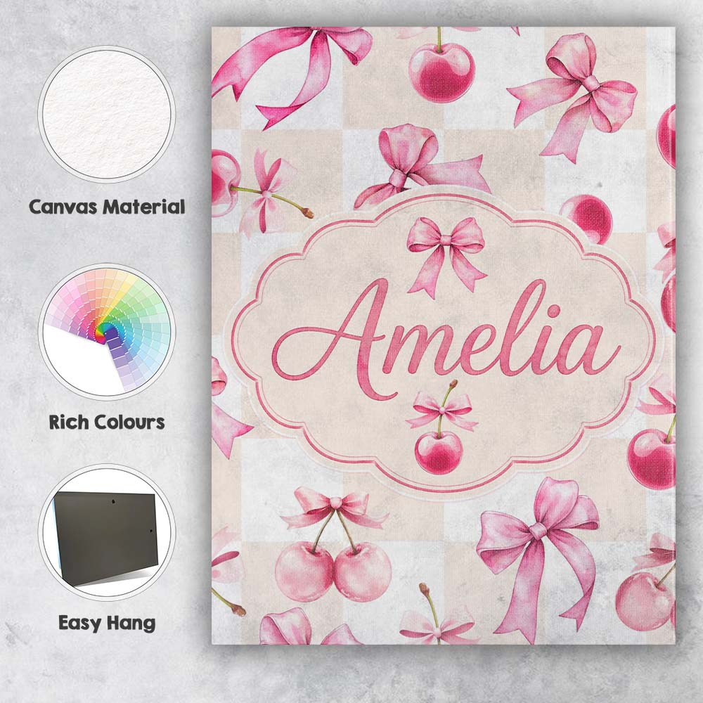 Personalised Name Watercolor Cherry Bow Ribbon Neutral Beige Gingham Custom Home Canvas Wall Art Print Decor Picture Ready to Hang