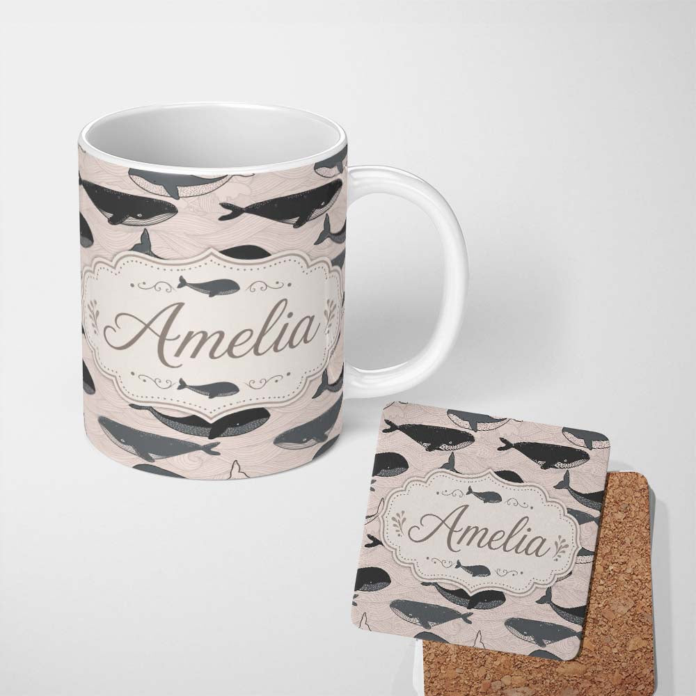 Personalized Custom Name Cute Whale Ocean Waves Seamless Pattern Name Unique Gift Lovely 11oz Ceramic Coffee Tea Mug White Large Handle