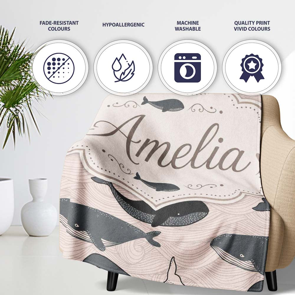 Cute Whale Ocean Waves Seamless Pattern Name Unique Gift Lovely Personalised Custom Name Super Soft Fleece Blanket Bed Sofa Throw