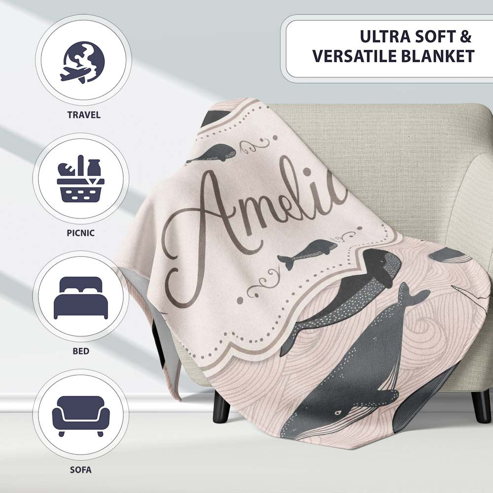Cute Whale Ocean Waves Seamless Pattern Name Unique Gift Lovely Personalised Custom Name Super Soft Fleece Blanket Bed Sofa Throw