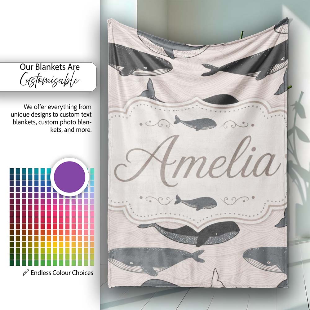 Cute Whale Ocean Waves Seamless Pattern Name Unique Gift Lovely Personalised Custom Name Super Soft Fleece Blanket Bed Sofa Throw