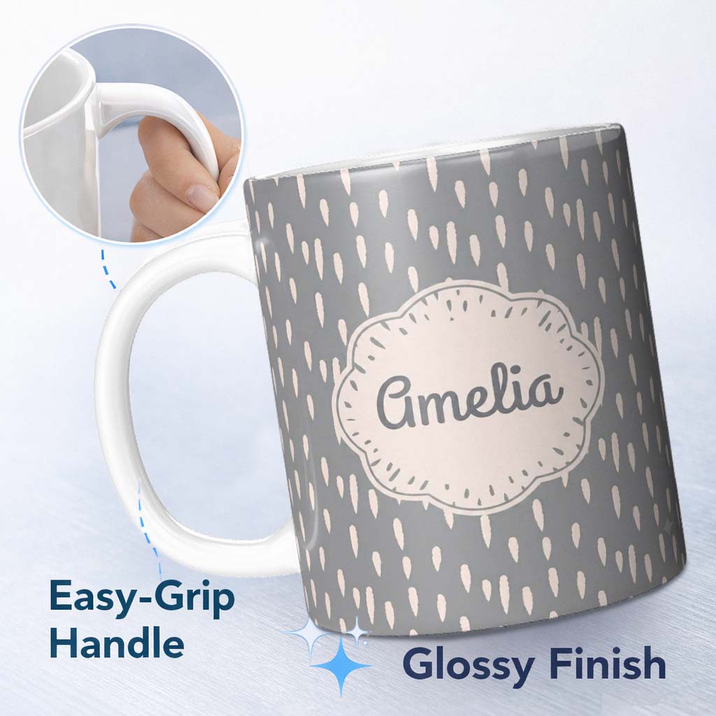 Personalized Custom Name Grey Background Minimal Abstract Brush Marks Seamless Pattern Name 11oz Ceramic Coffee Tea Mug White Large Handle