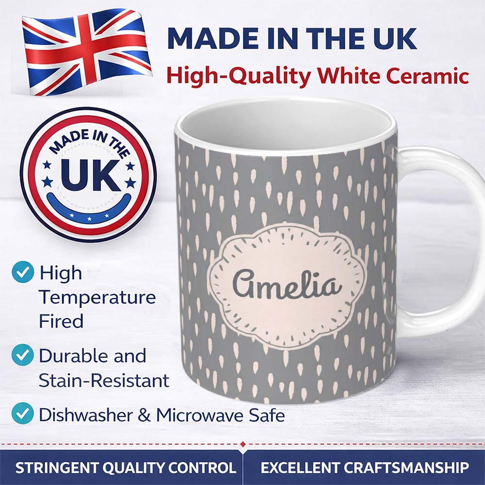 Personalized Custom Name Grey Background Minimal Abstract Brush Marks Seamless Pattern Name 11oz Ceramic Coffee Tea Mug White Large Handle