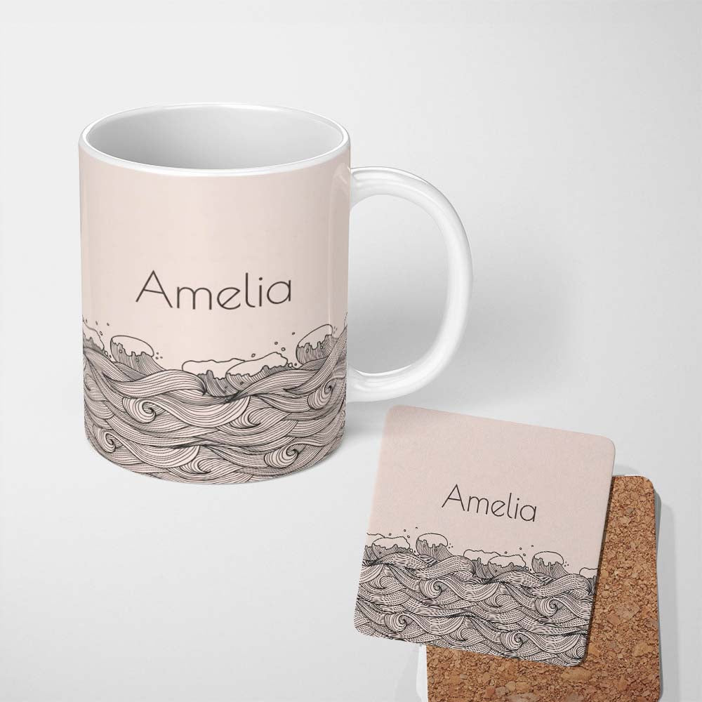Personalized Custom Name Soft Beige Ocean Wave Line Art Seamless Pattern Name Cute Unique 11oz Ceramic Coffee Tea Mug White Large Handle