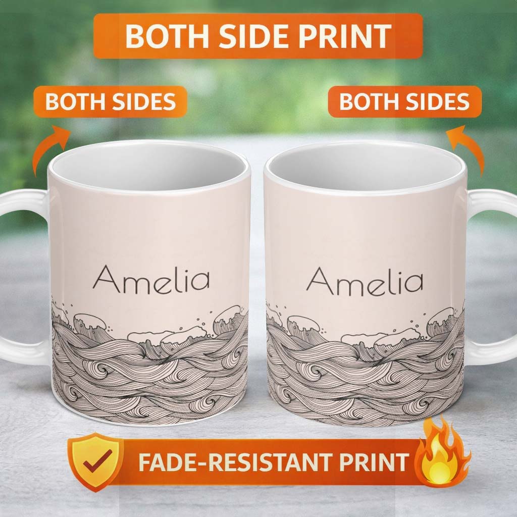 Personalized Custom Name Soft Beige Ocean Wave Line Art Seamless Pattern Name Cute Unique 11oz Ceramic Coffee Tea Mug White Large Handle