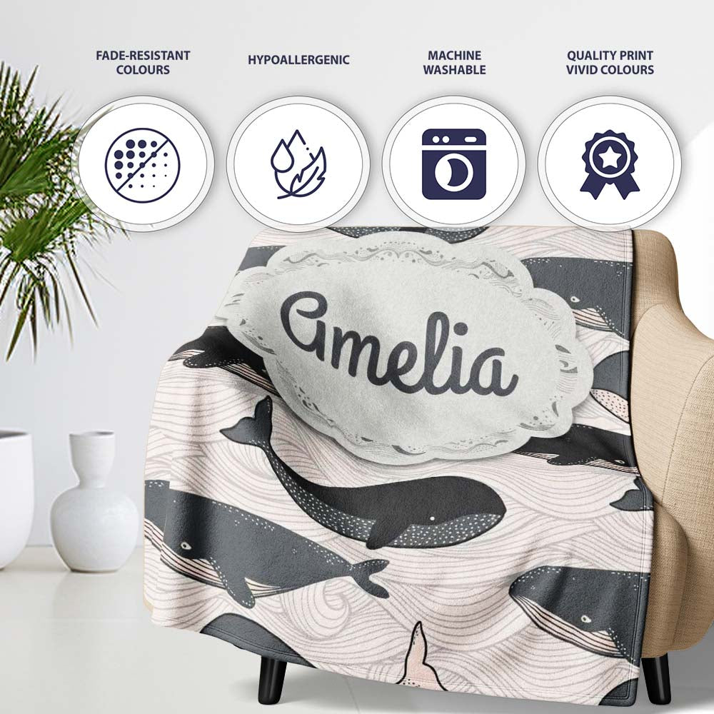 Cute Whale Ocean Waves Seamless Pattern Name Unique Gift Lovely Personalised Custom Name Super Soft Fleece Blanket Bed Sofa Throw