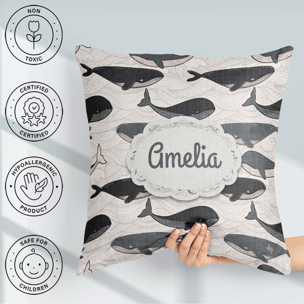 Custom Name Cute Whale Ocean Waves Seamless Pattern Name Unique Square Filled Cushion Throw Pillow Sofa Bed Home Decor Zip Washable UK Made