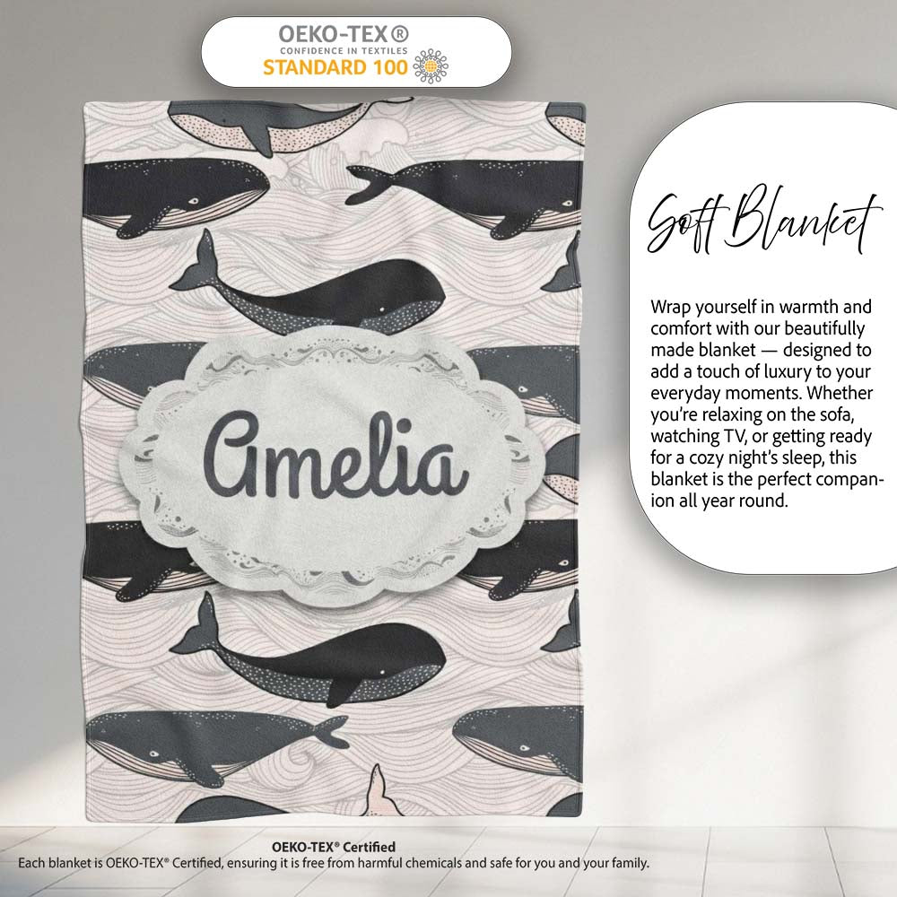 Cute Whale Ocean Waves Seamless Pattern Name Unique Gift Lovely Personalised Custom Name Super Soft Fleece Blanket Bed Sofa Throw