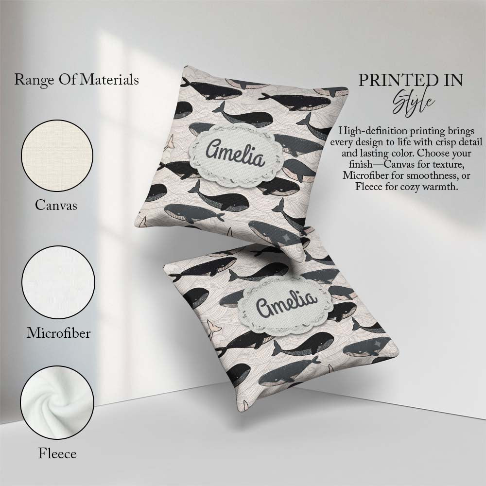 Custom Name Cute Whale Ocean Waves Seamless Pattern Name Unique Square Filled Cushion Throw Pillow Sofa Bed Home Decor Zip Washable UK Made