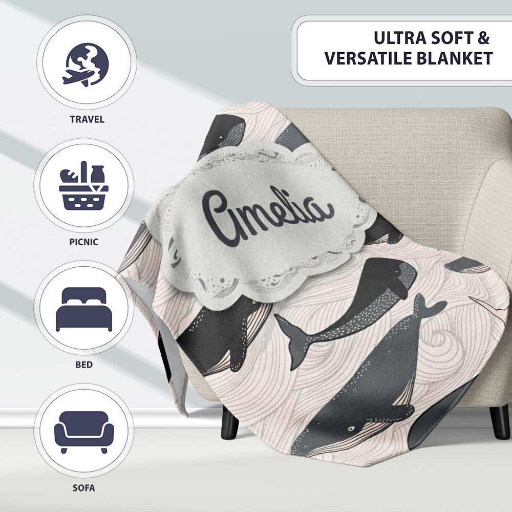 Cute Whale Ocean Waves Seamless Pattern Name Unique Gift Lovely Personalised Custom Name Super Soft Fleece Blanket Bed Sofa Throw