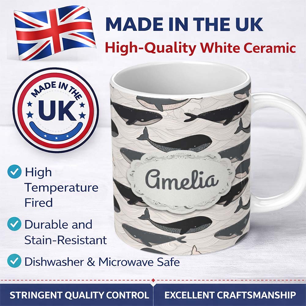 Personalized Custom Name Cute Whale Ocean Waves Seamless Pattern Name Unique Gift Lovely 11oz Ceramic Coffee Tea Mug White Large Handle