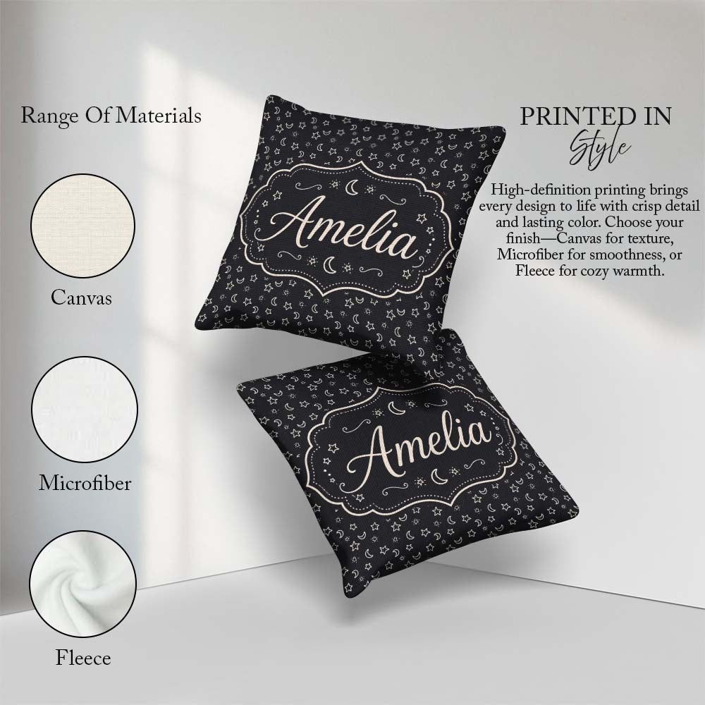 Custom Name Dark Night Sky Stars And Crescent Moon Seamless Name Square Filled Cushion Throw Pillow Sofa Bed Home Decor Zip Washable UK Made