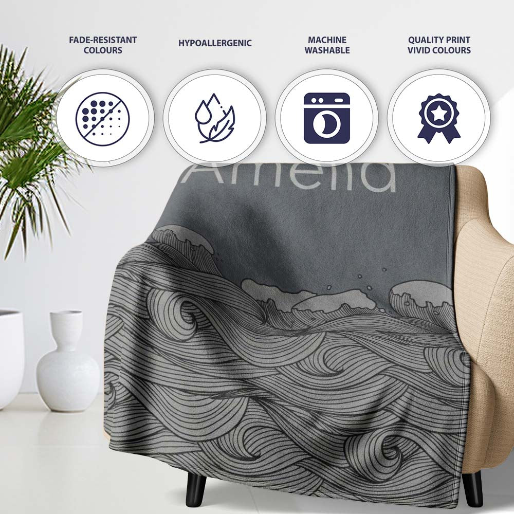 Minimal Ocean Wave Line Art On Grey Background Seamless Pattern Personalised Custom Name Super Soft Fleece Blanket Bed Sofa Throw