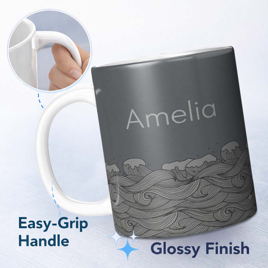 Personalized Custom Name Minimal Ocean Wave Line Art On Grey Background Seamless Pattern 11oz Ceramic Coffee Tea Mug White Large Handle
