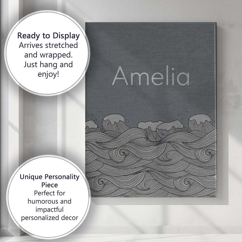 Personalised Name Minimal Ocean Wave Line Custom Unique Gift Idea Elegant Feature Canvas Wall Art Print Decor Picture Ready to Hang